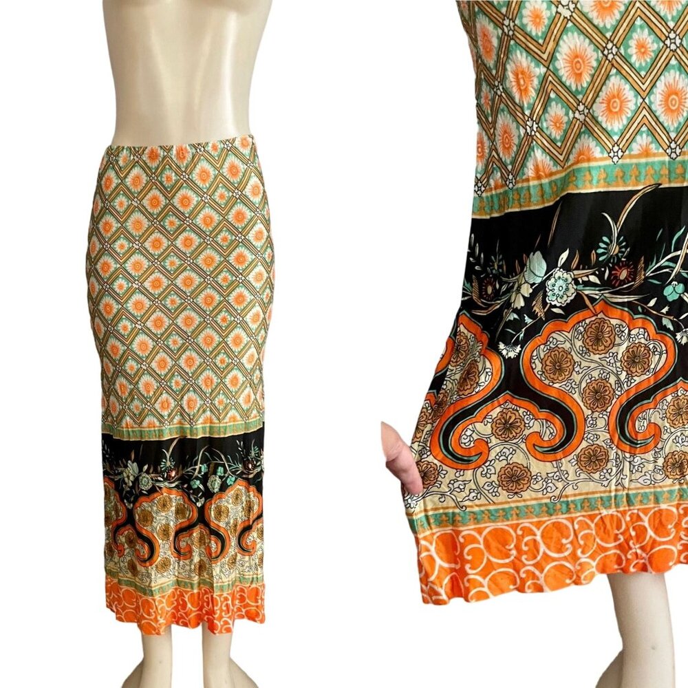 Vintage Handmade Skirt 1970 Psychedelic Floral Pattern size S Orange green black